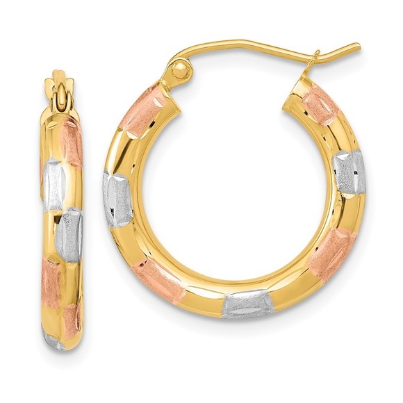 14k Yellow Gold White & Rose Satin Diamond-cut Hoop Earring...